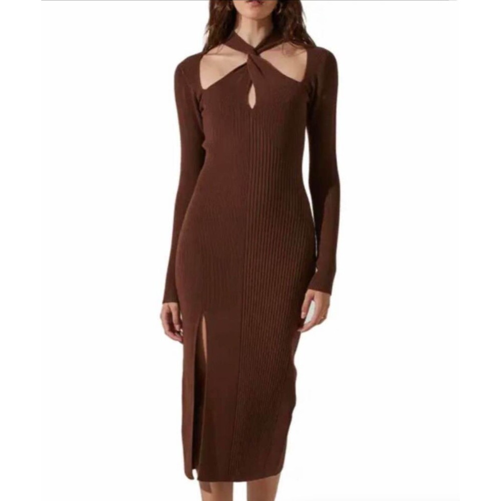 ASTR The Label Womens S Brown Ribbed Knit Midi Dress Twist Neck Cutout Slit Long